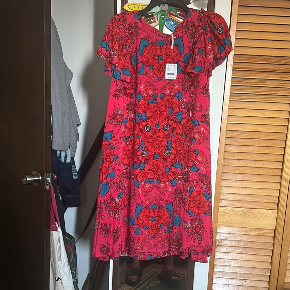 Free People Vibrant Red and Teal Floral Midi Dress